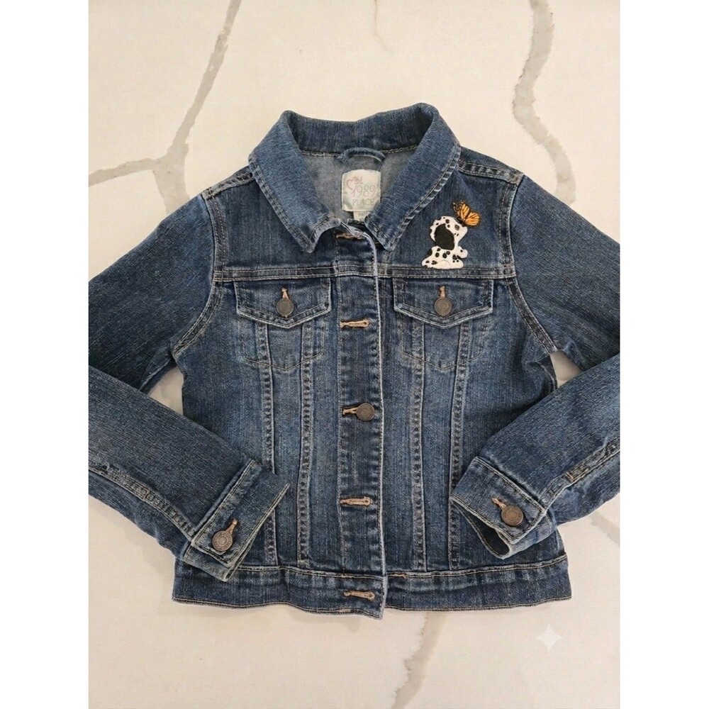 The Children's Place Puppy Patch Size M 7/8 Denim Trucker Crop Jacket Girls Blue